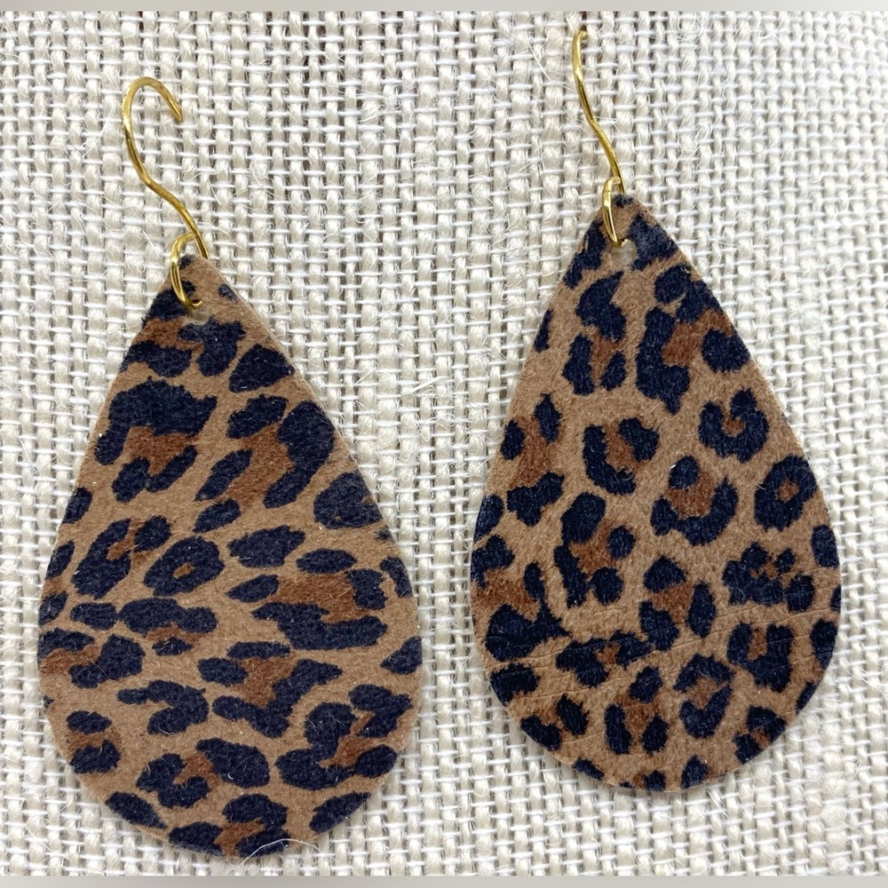 Brown Animal Print FauxFur Leather Dangle Earrings Boho Eclectic Y2K Festival - Picture 9 of 10